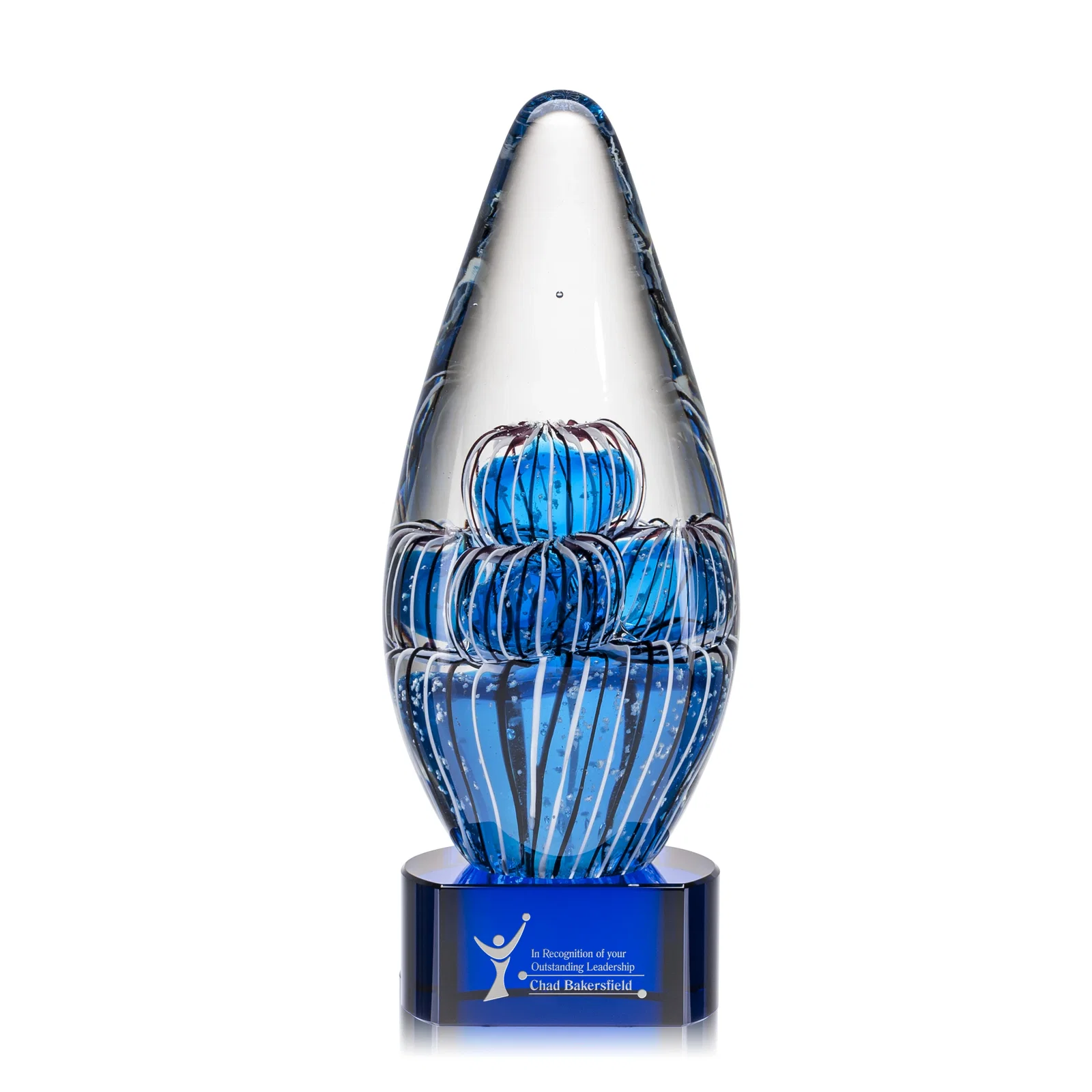 Custom Frosted Glass Teardrop Award With Clear, Blue, or Ebony Base for volunteer appreciation