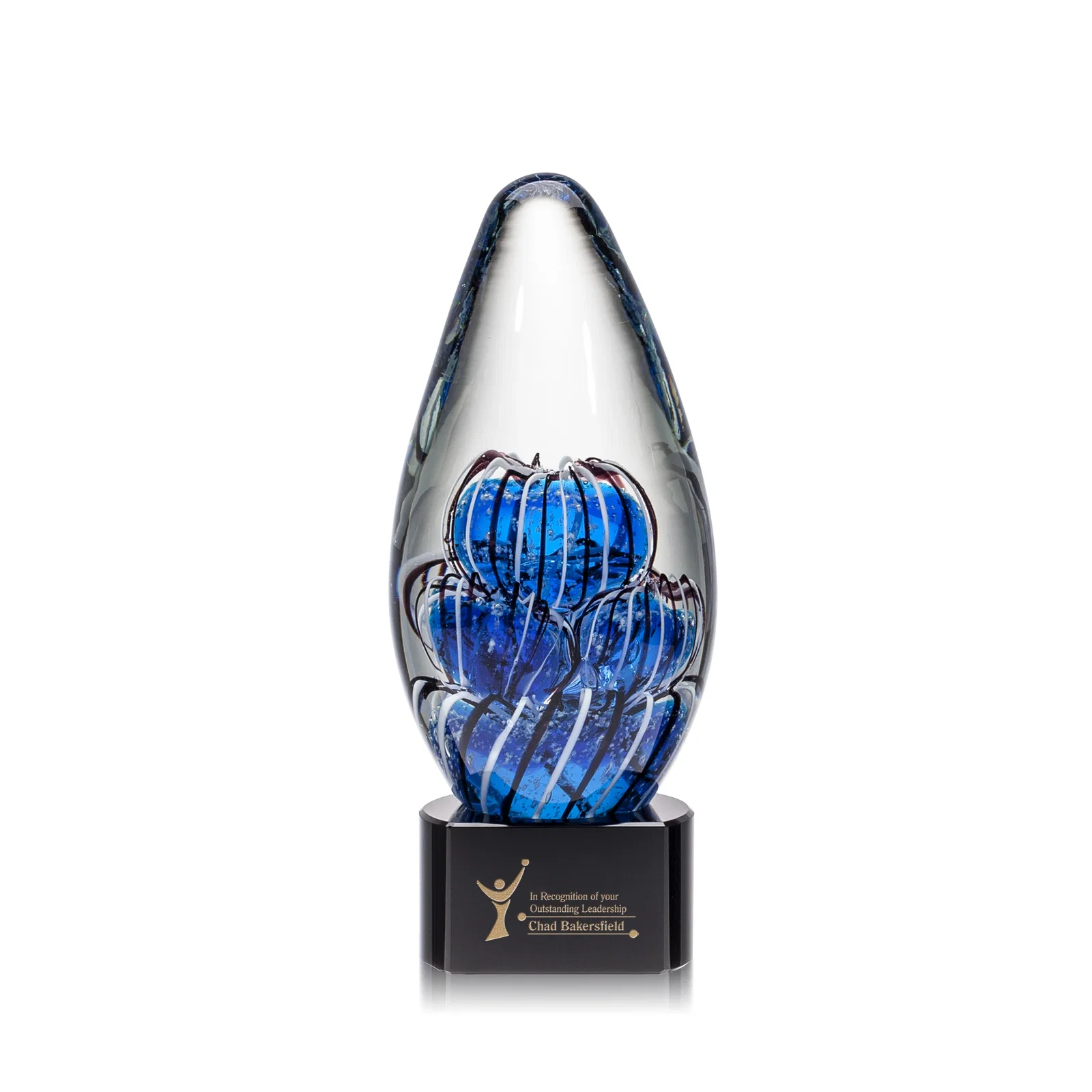 Personalized Frosted Glass Teardrop Award With Clear, Blue, or Ebony Base for employee recognition