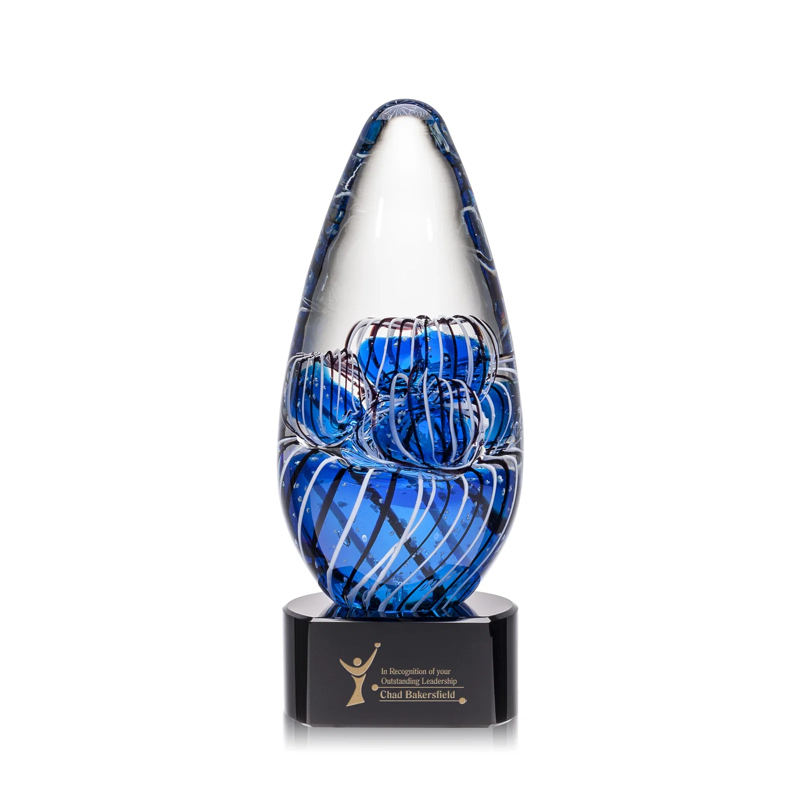 Personalized Frosted Glass Teardrop Award With Clear, Blue, or Ebony Base for corporate award ceremonies