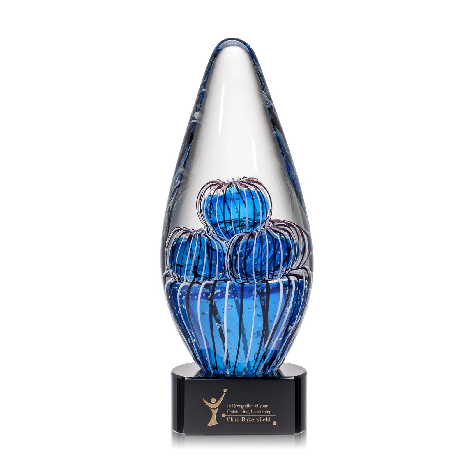 Personalized Frosted Glass Teardrop Award With Clear, Blue, or Ebony Base for service anniversary gifts