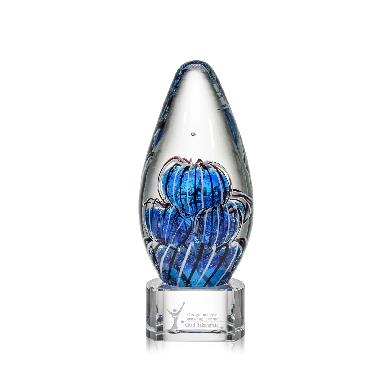 Custom Frosted Glass Teardrop Award With Clear, Blue, or Ebony Base for service anniversary gifts