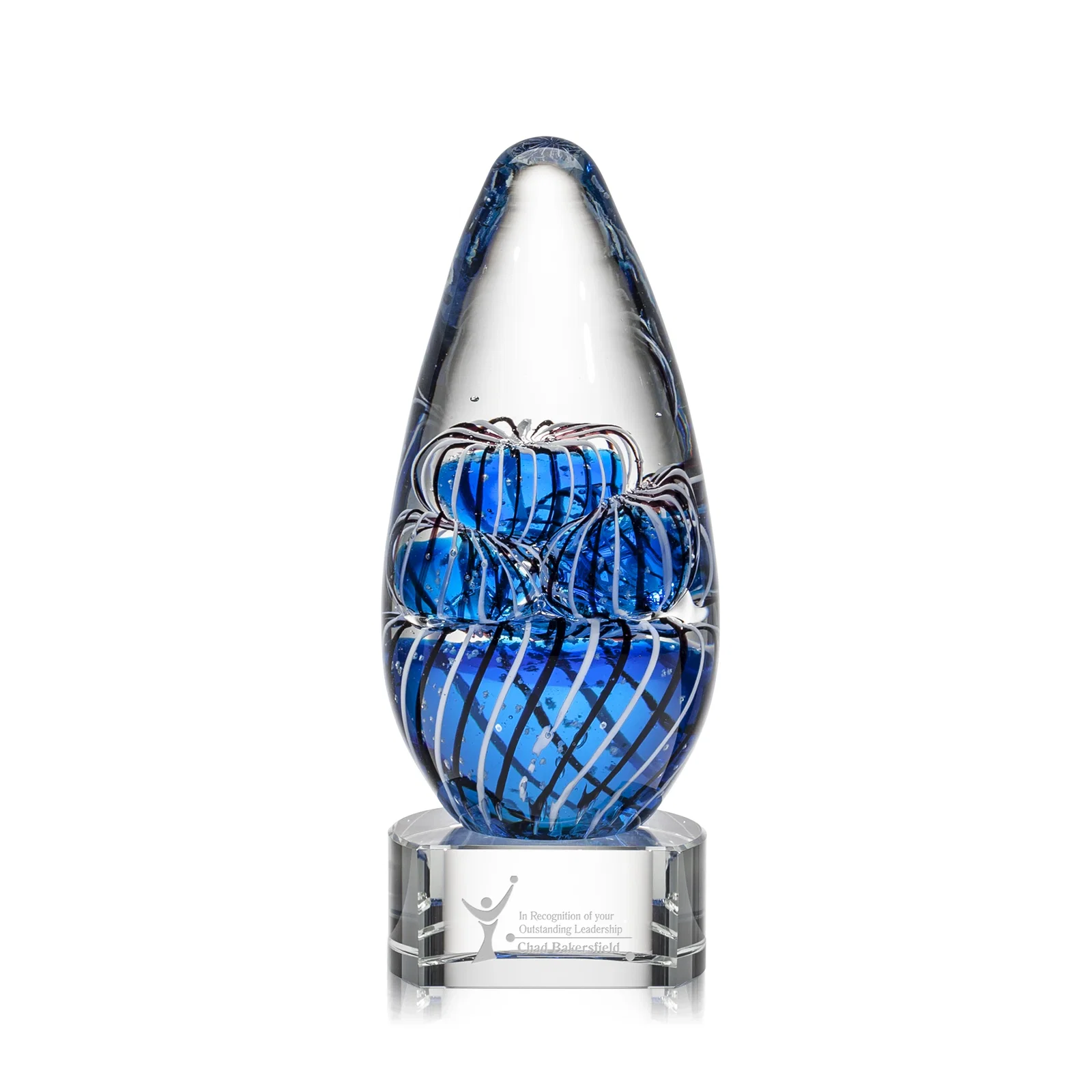 Custom Frosted Glass Teardrop Award With Clear, Blue, or Ebony Base for sales achievement awards