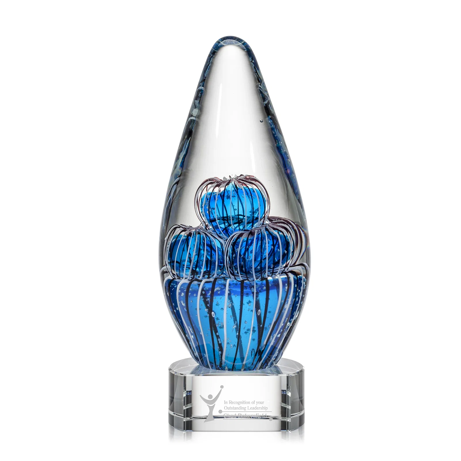 Custom Frosted Glass Teardrop Award With Clear, Blue, or Ebony Base for retirement presentations