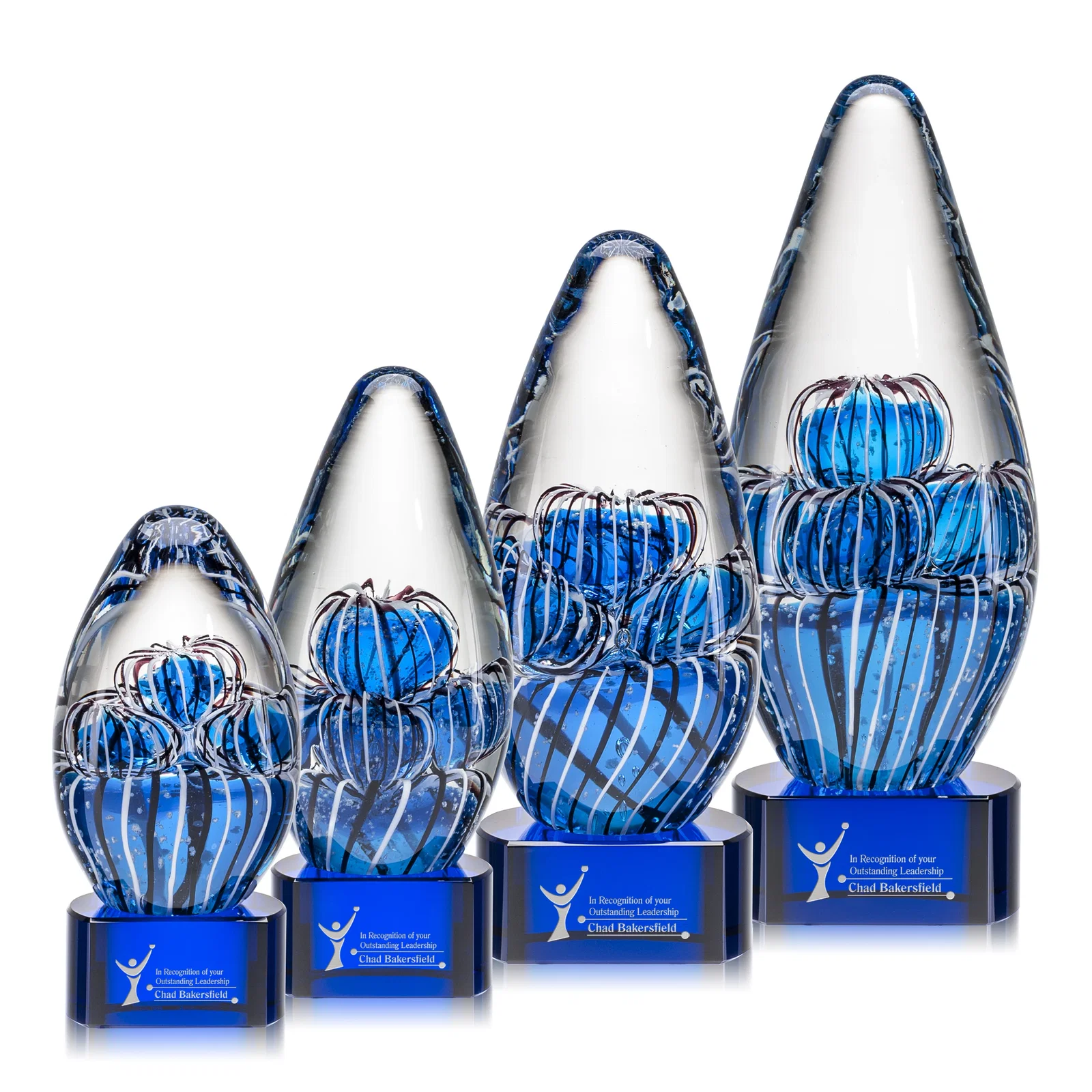 Custom Frosted Glass Teardrop Award With Clear, Blue, or Ebony Base for team milestone celebrations