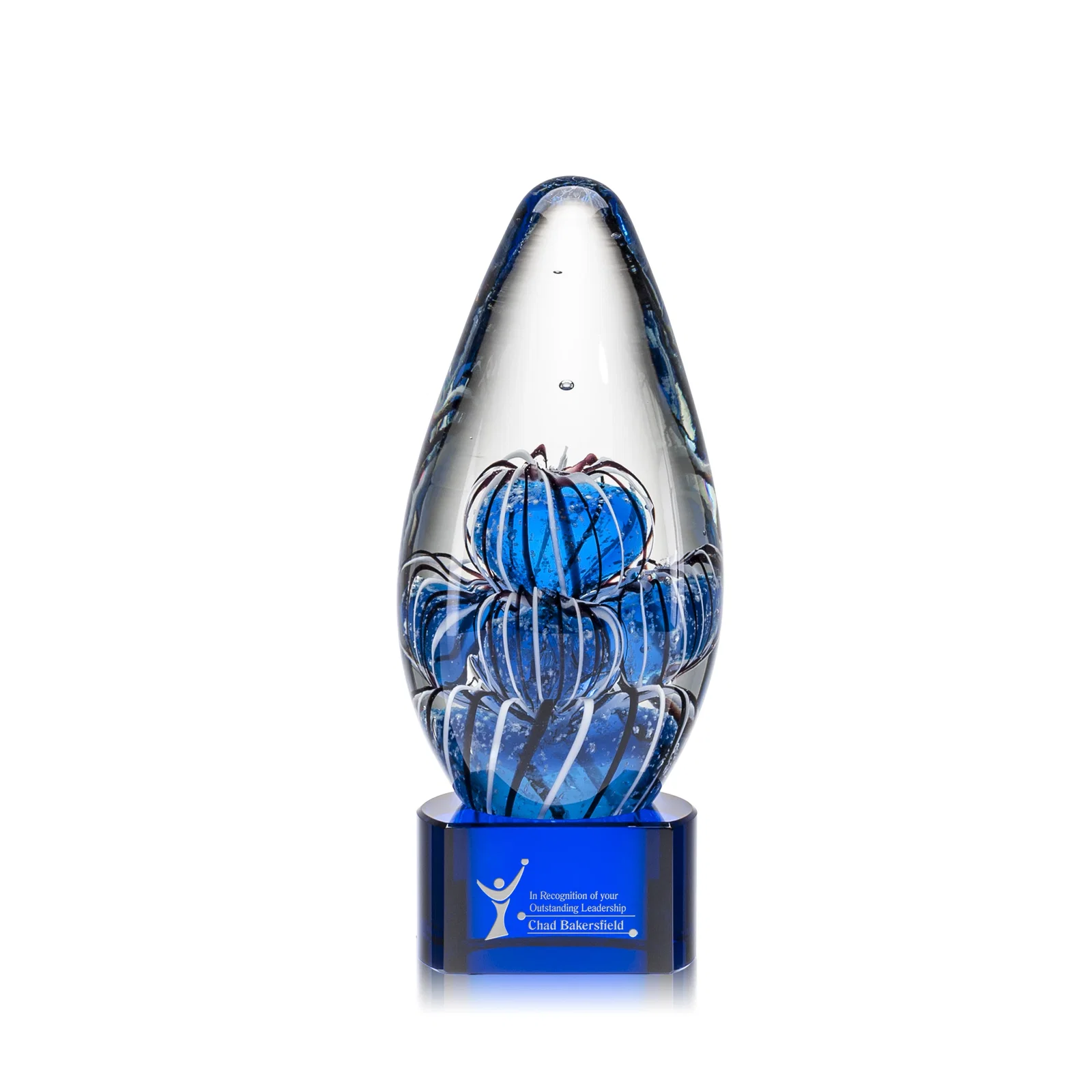 Custom Frosted Glass Teardrop Award With Clear, Blue, or Ebony Base for graduation ceremonies