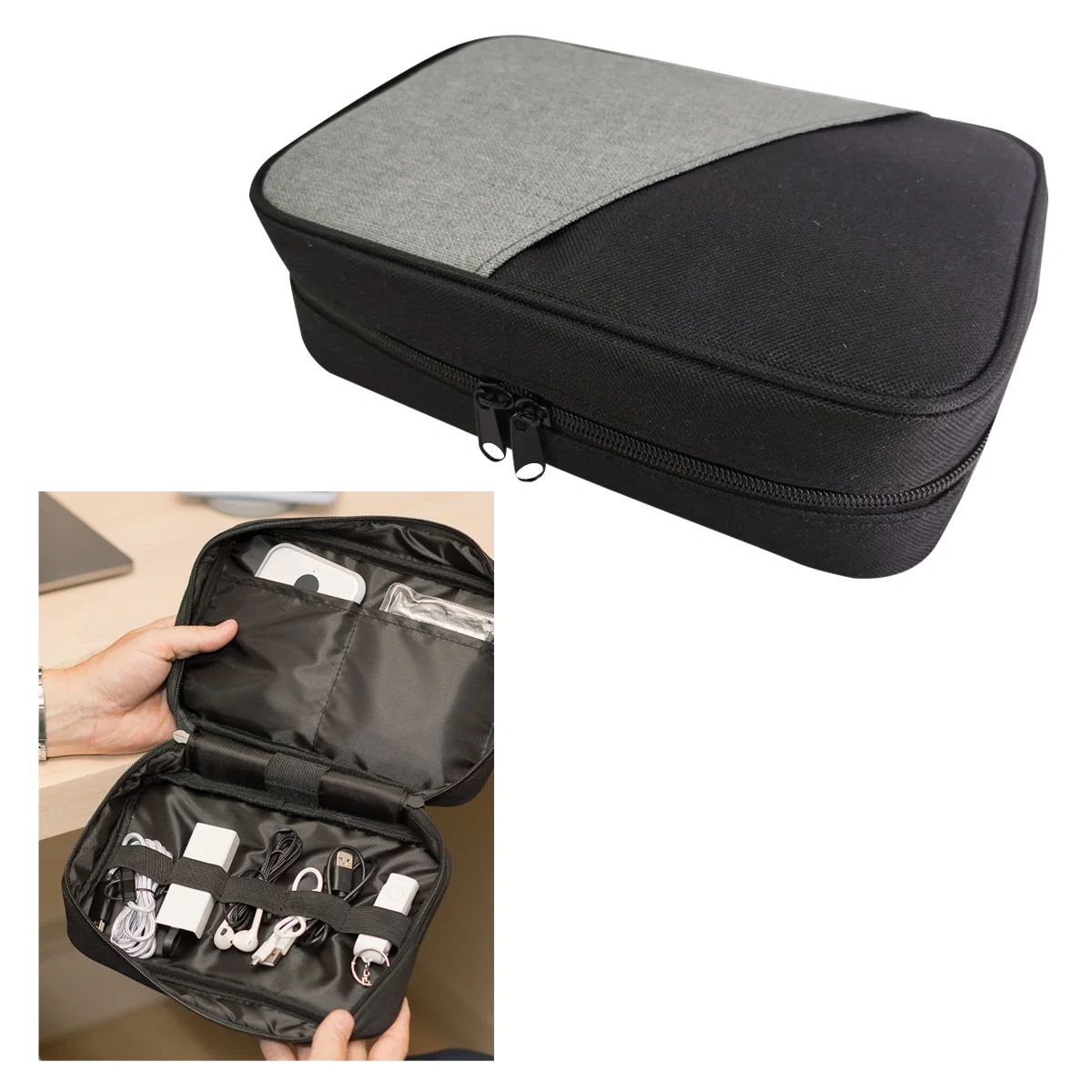 Opened case showing where cables and small chargers sit