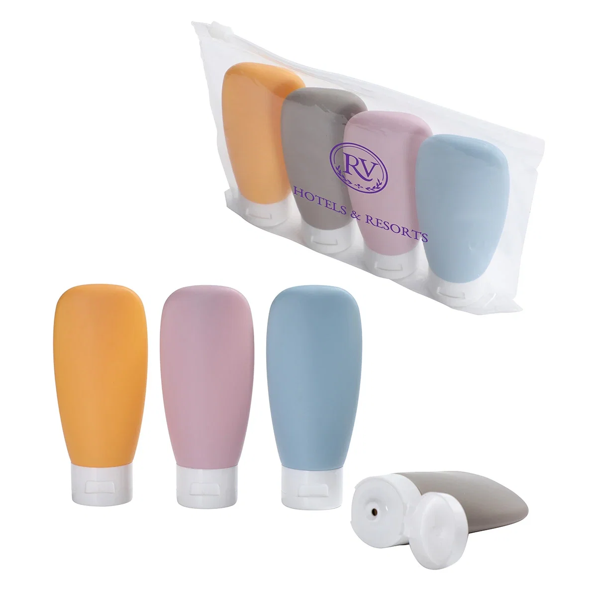 Custom Continental 4-bottle travel set, front view of the branded zippered pouch