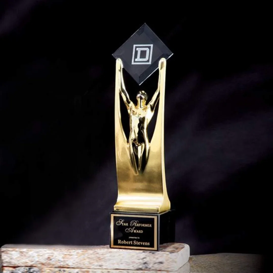 Custom Cast Metal Figure Award Holding a Beveled Starfire Diamond for service anniversary gifts