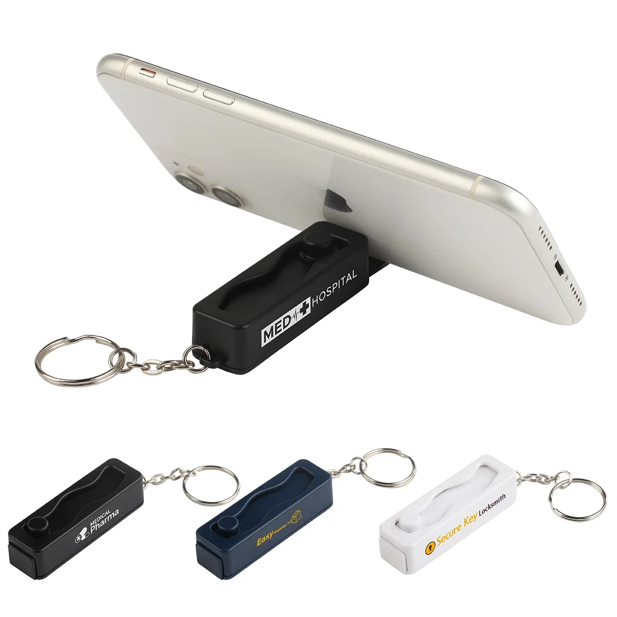 Custom Contour Phone Stand Key Chain with Finger Fidget, front view of the branded accessory