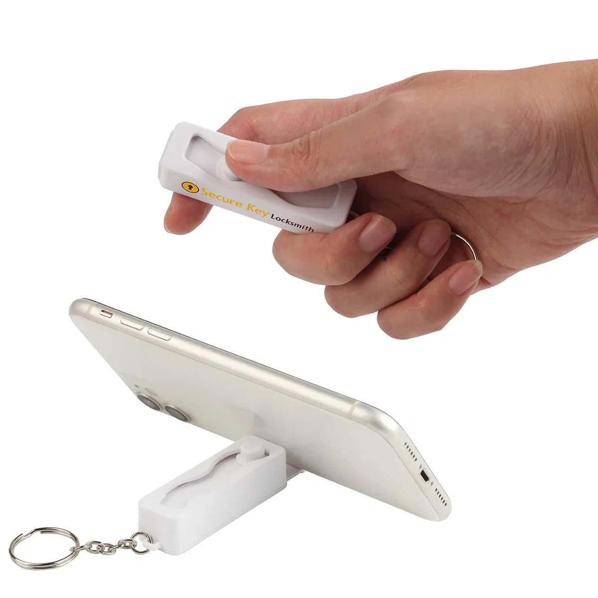 Contour Phone Stand Key Chain attached to a keyring, product detail shot