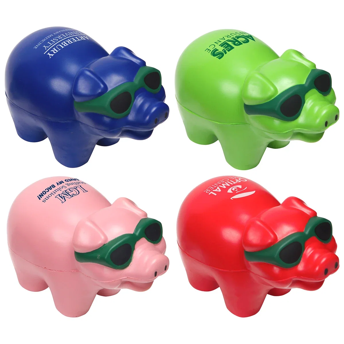 Pig shaped polyurethane stress reliever with pad-printed back and side imprints