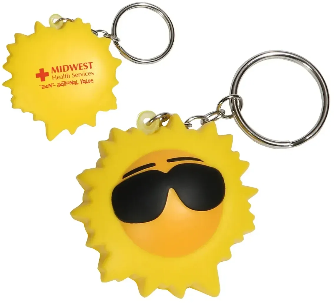 Cool sun custom stress reliever keychain, sun with shades squeeze toy branded with logo, front view