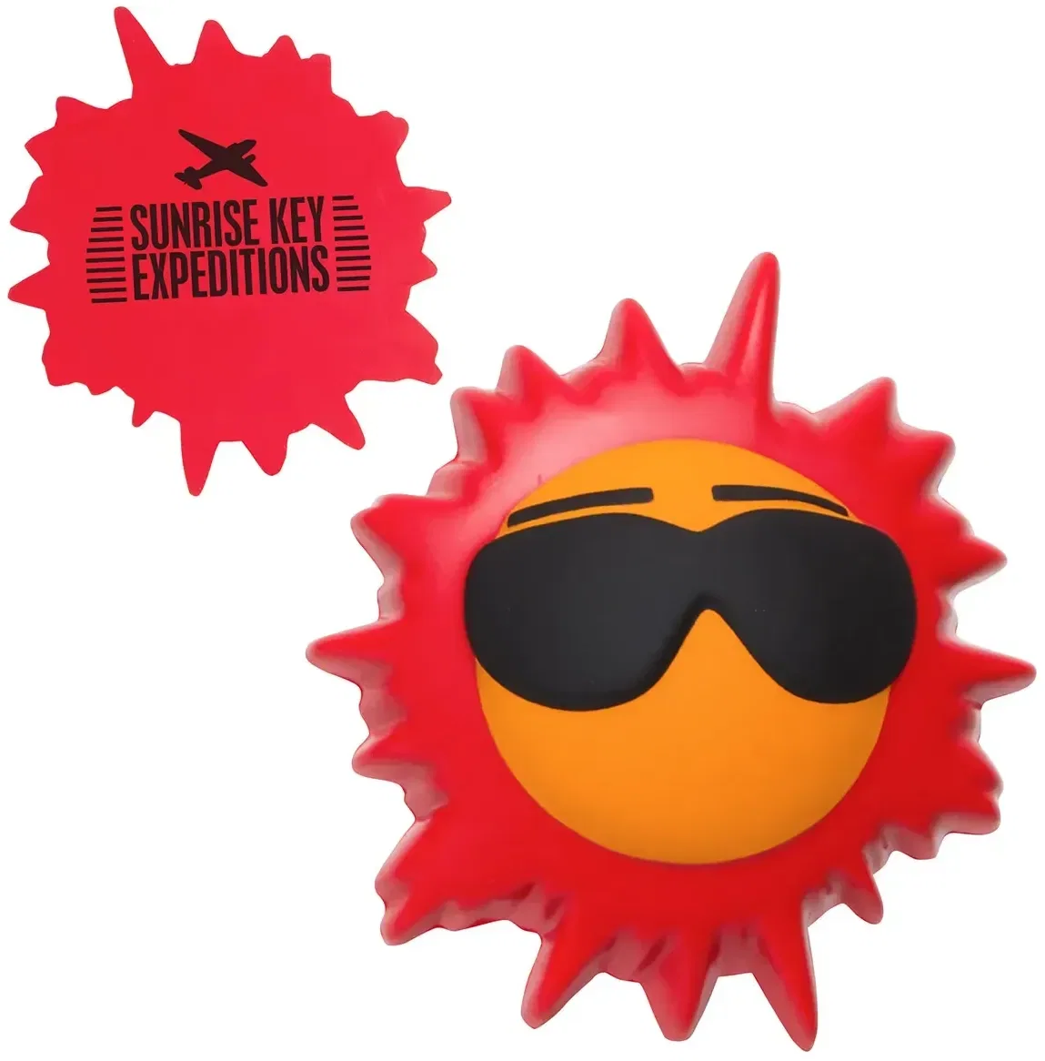 Custom logo grinning-sun stress reliever in shades, promotional foam squeeze toy detail