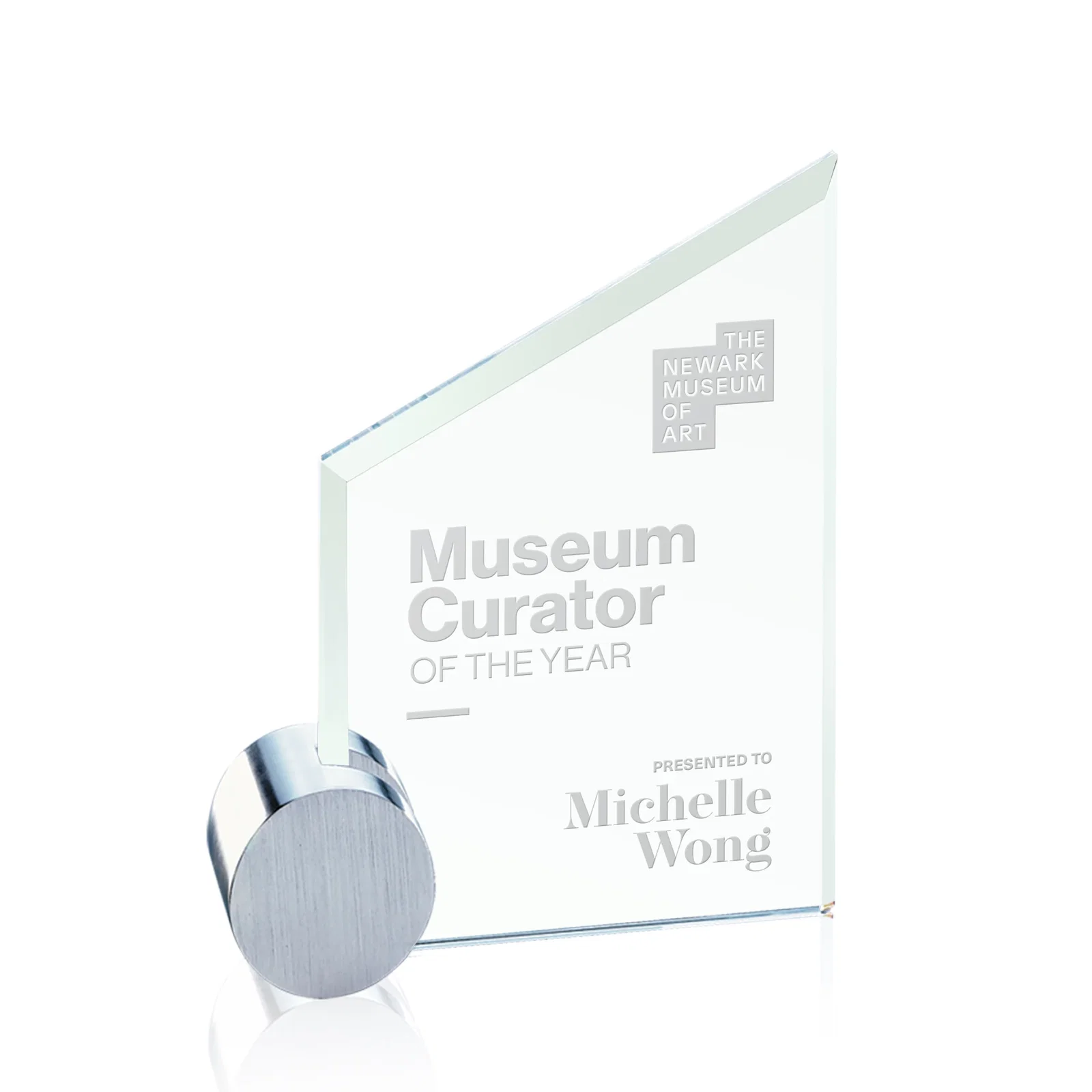 Custom Jade Glass Slant-Top Award on an Aluminum Corner Disk for corporate award ceremonies