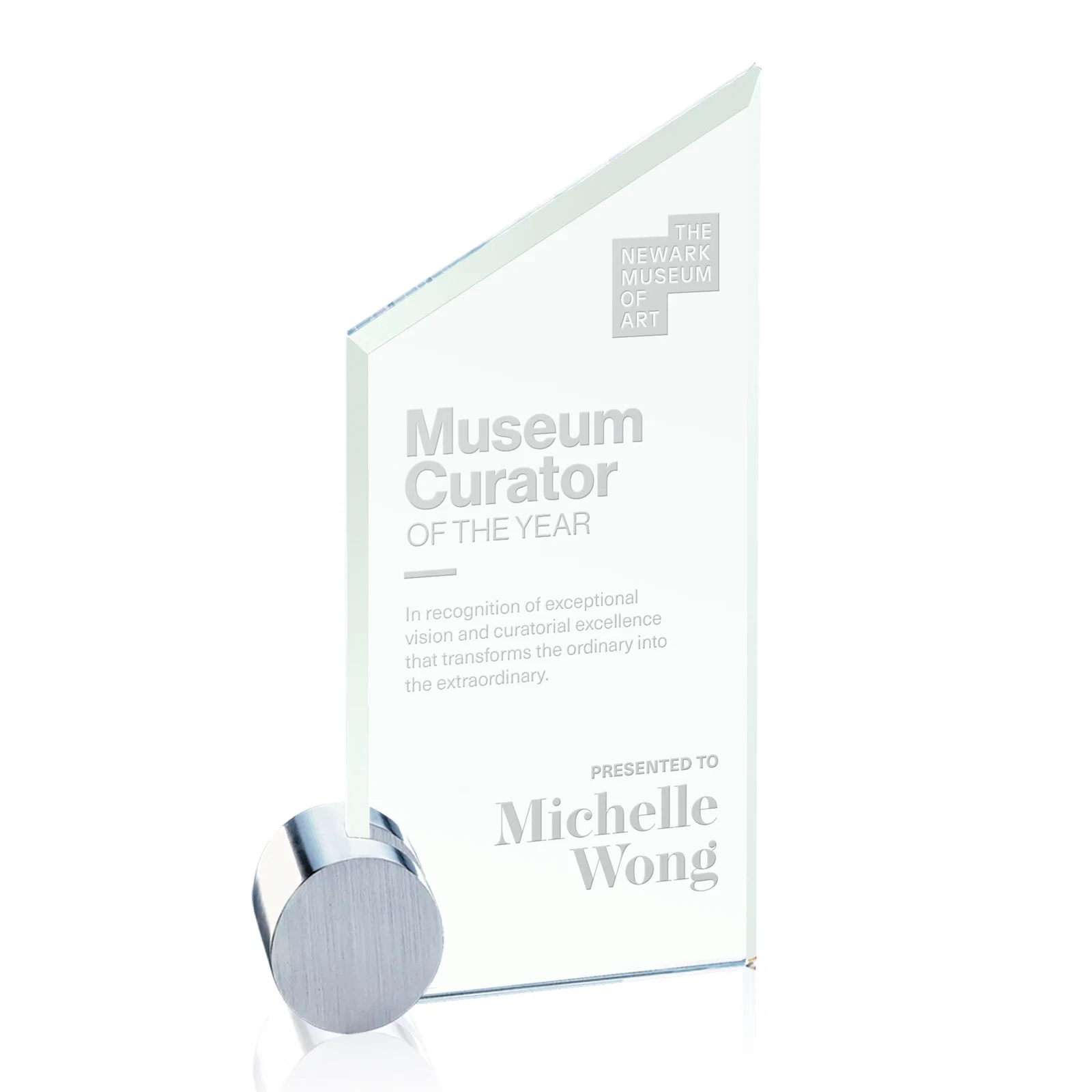 Custom Jade Glass Slant-Top Award on an Aluminum Corner Disk for service anniversary gifts
