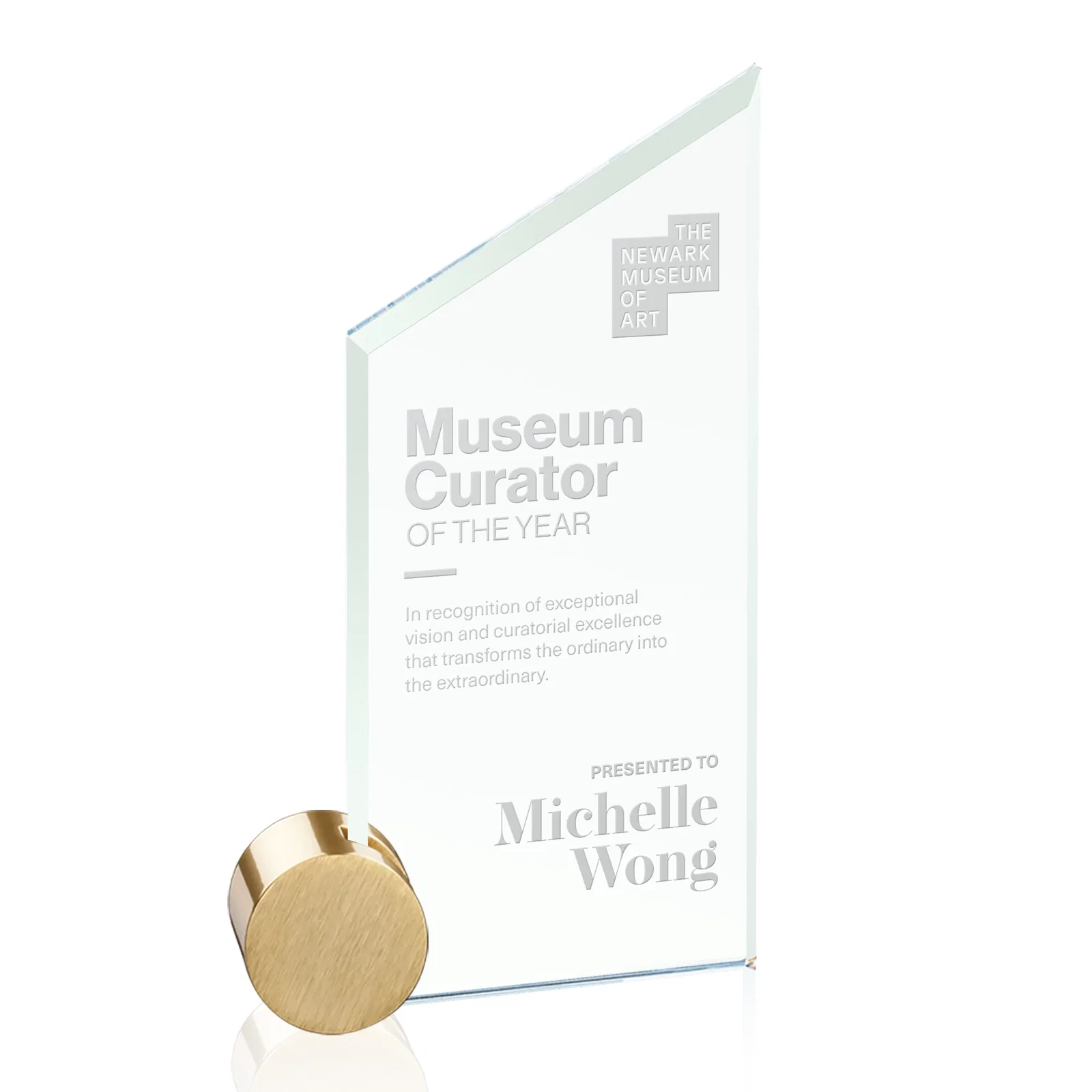 Custom Jade Glass Slant-Top Award on an Aluminum Corner Disk for team milestone celebrations