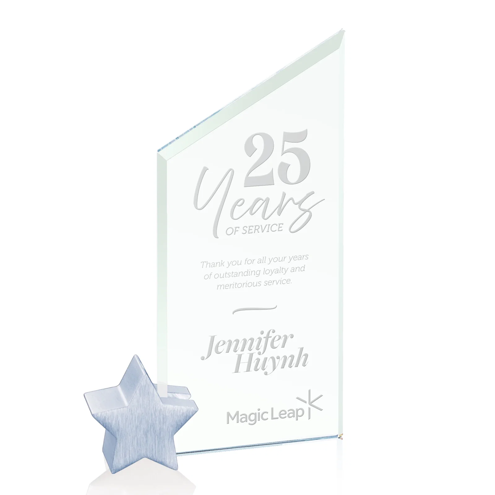 Custom Jade Glass Slant-Top Award on an Aluminum Star Holder for corporate award ceremonies