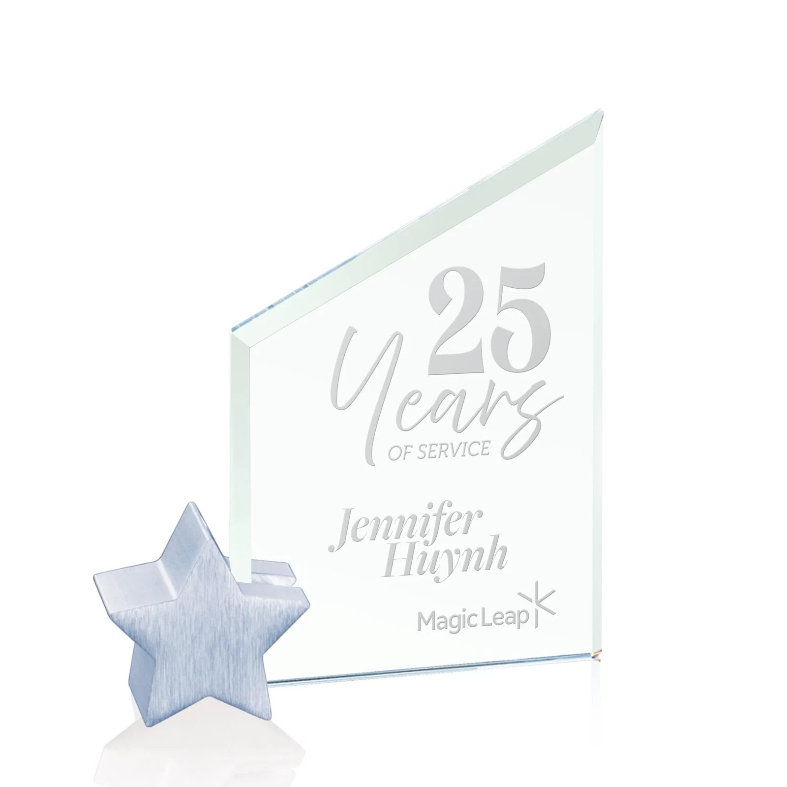 Custom Jade Glass Slant-Top Award on an Aluminum Star Holder for service anniversary gifts