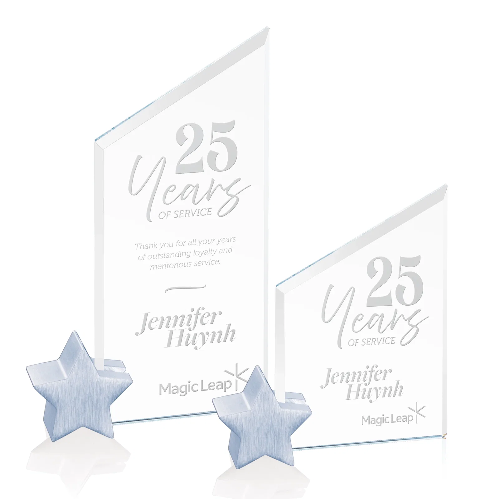 Custom Starfire Crystal Award with Slanted Top on Aluminum Star Holder for employee recognition