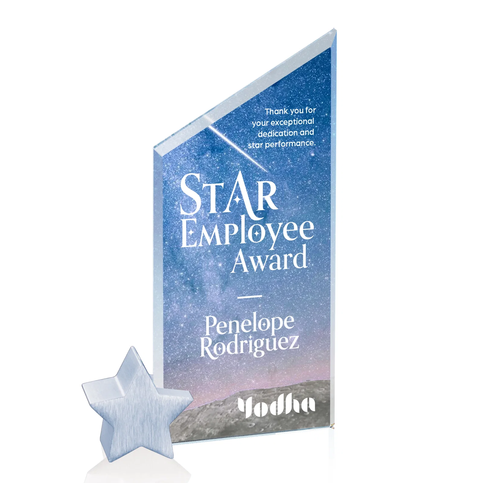 Custom Starfire Crystal Award with Slanted Top on Aluminum Star Holder for volunteer appreciation