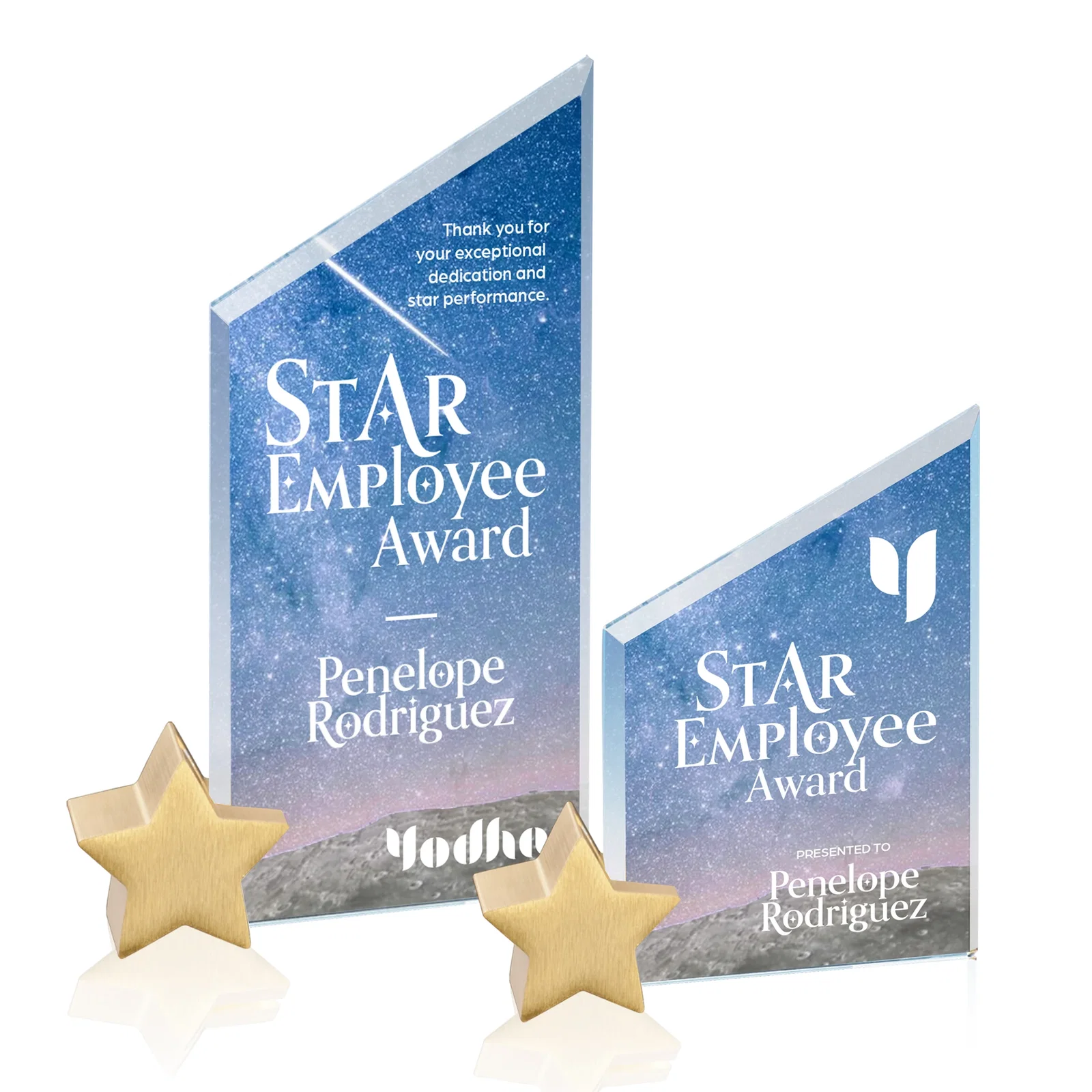 Custom Starfire Crystal Award with Slanted Top on Aluminum Star Holder for dealer and partner awards