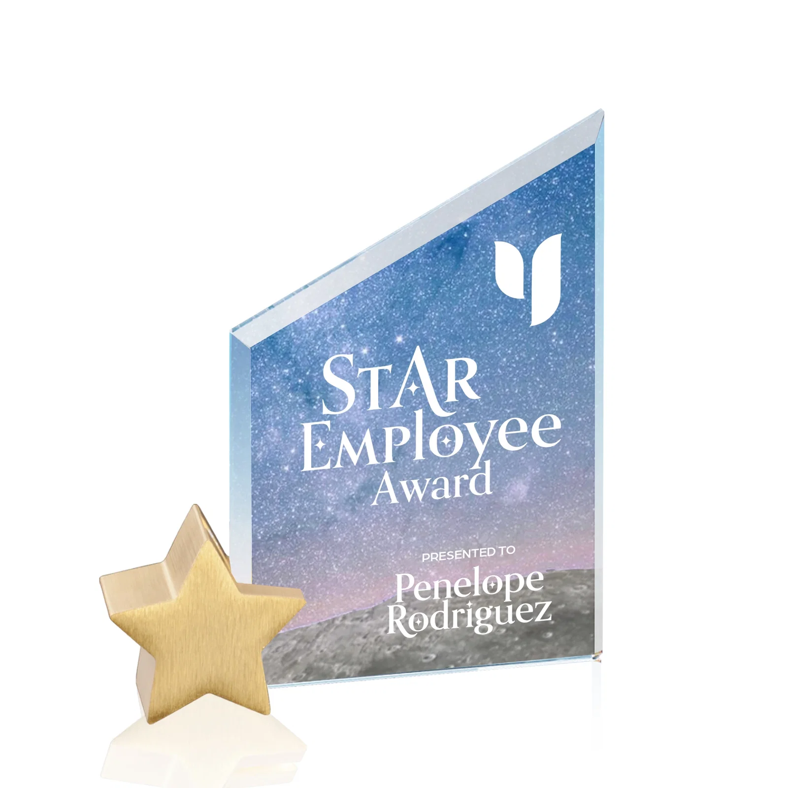 Custom Starfire Crystal Award with Slanted Top on Aluminum Star Holder for company anniversary events
