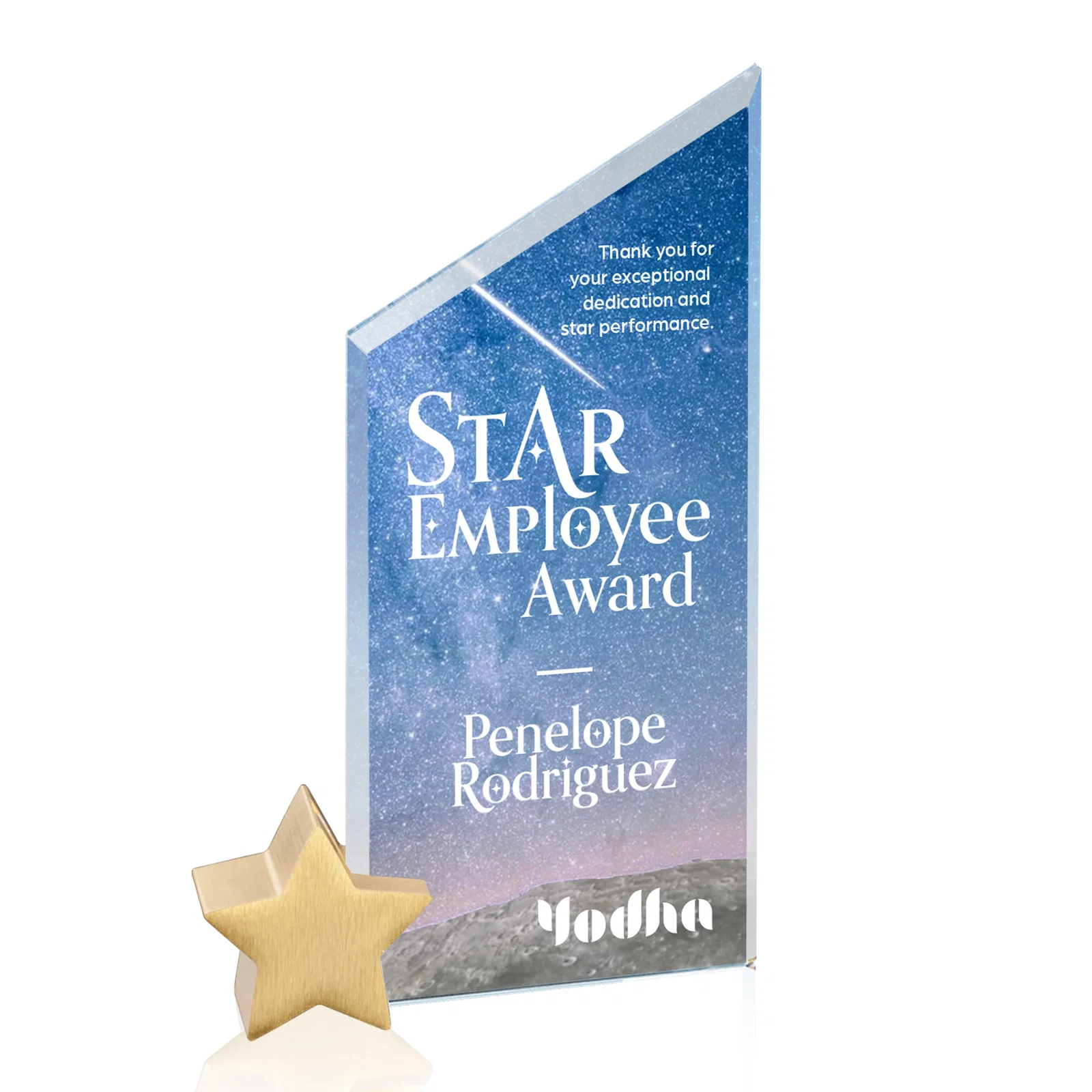 Personalized Starfire Crystal Award with Slanted Top on Aluminum Star Holder for employee recognition