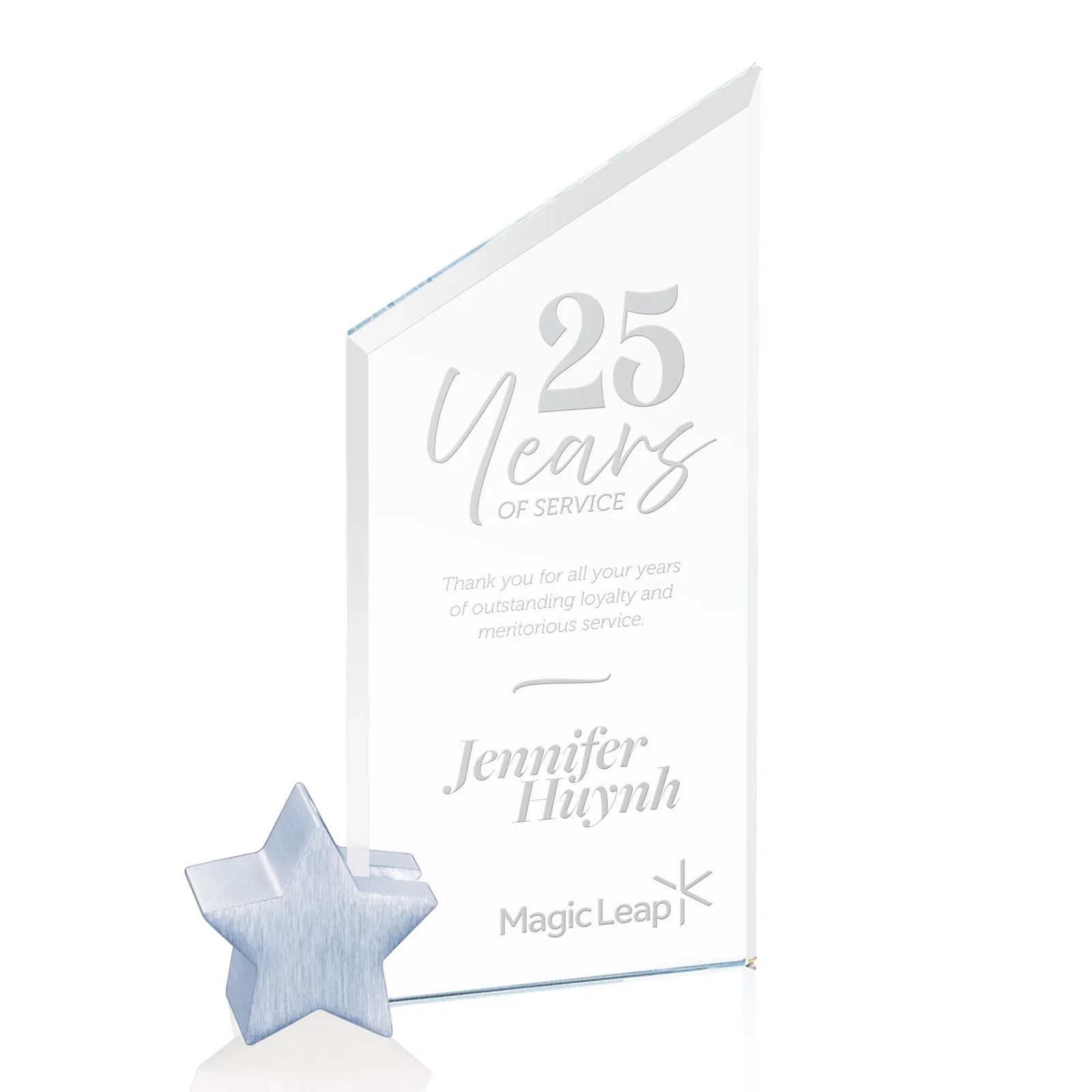 Custom Starfire Crystal Award with Slanted Top on Aluminum Star Holder for service anniversary gifts