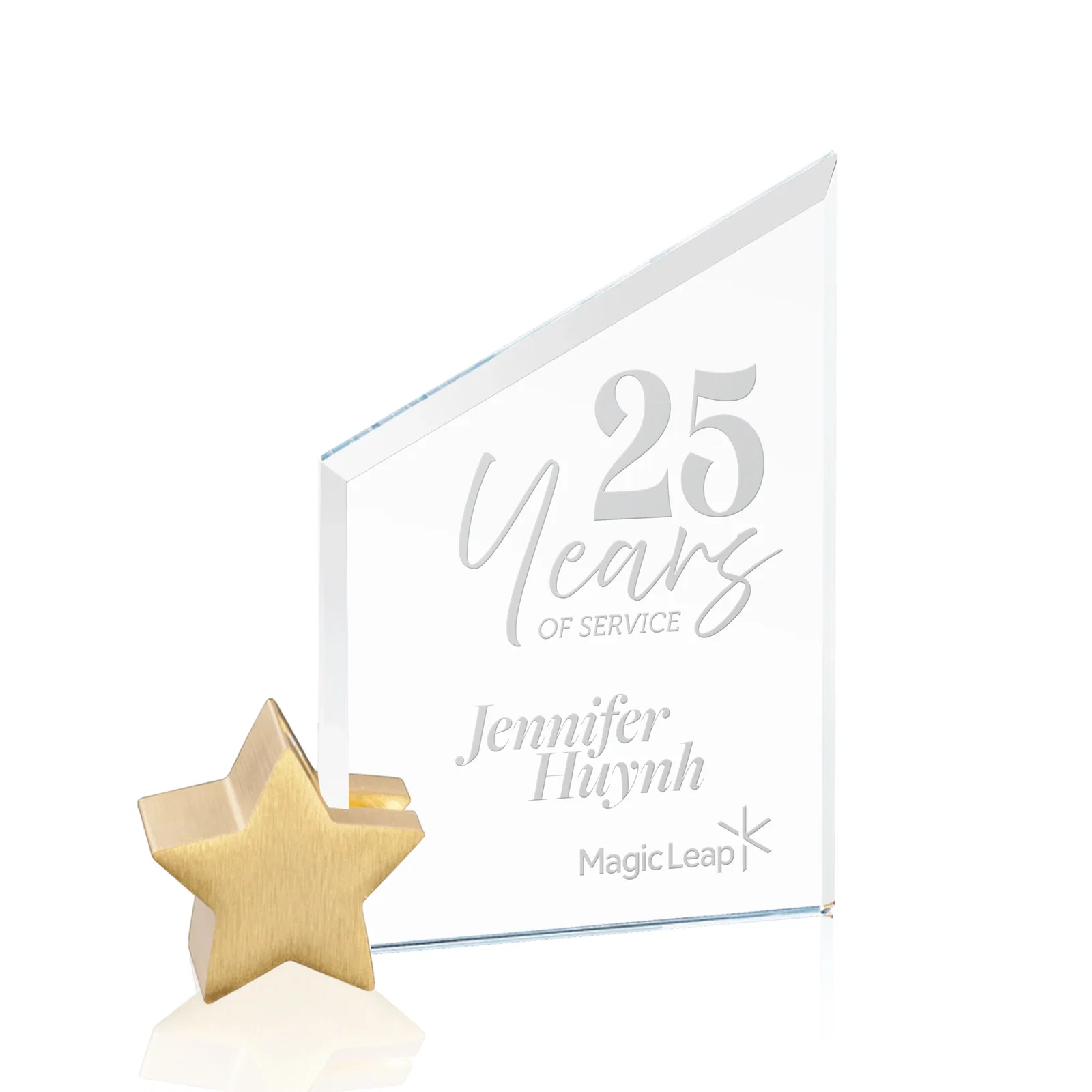 Custom Starfire Crystal Award with Slanted Top on Aluminum Star Holder for retirement presentations