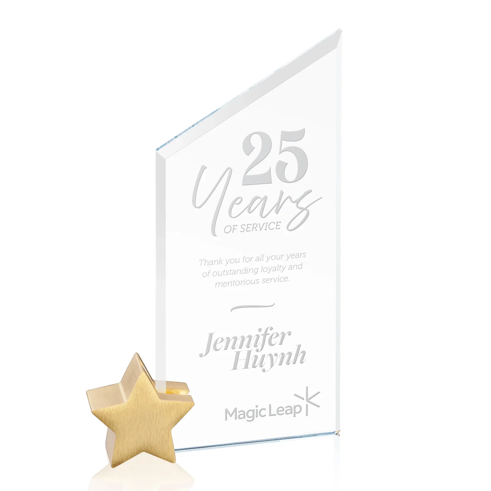 Custom Starfire Crystal Award with Slanted Top on Aluminum Star Holder for team milestone celebrations