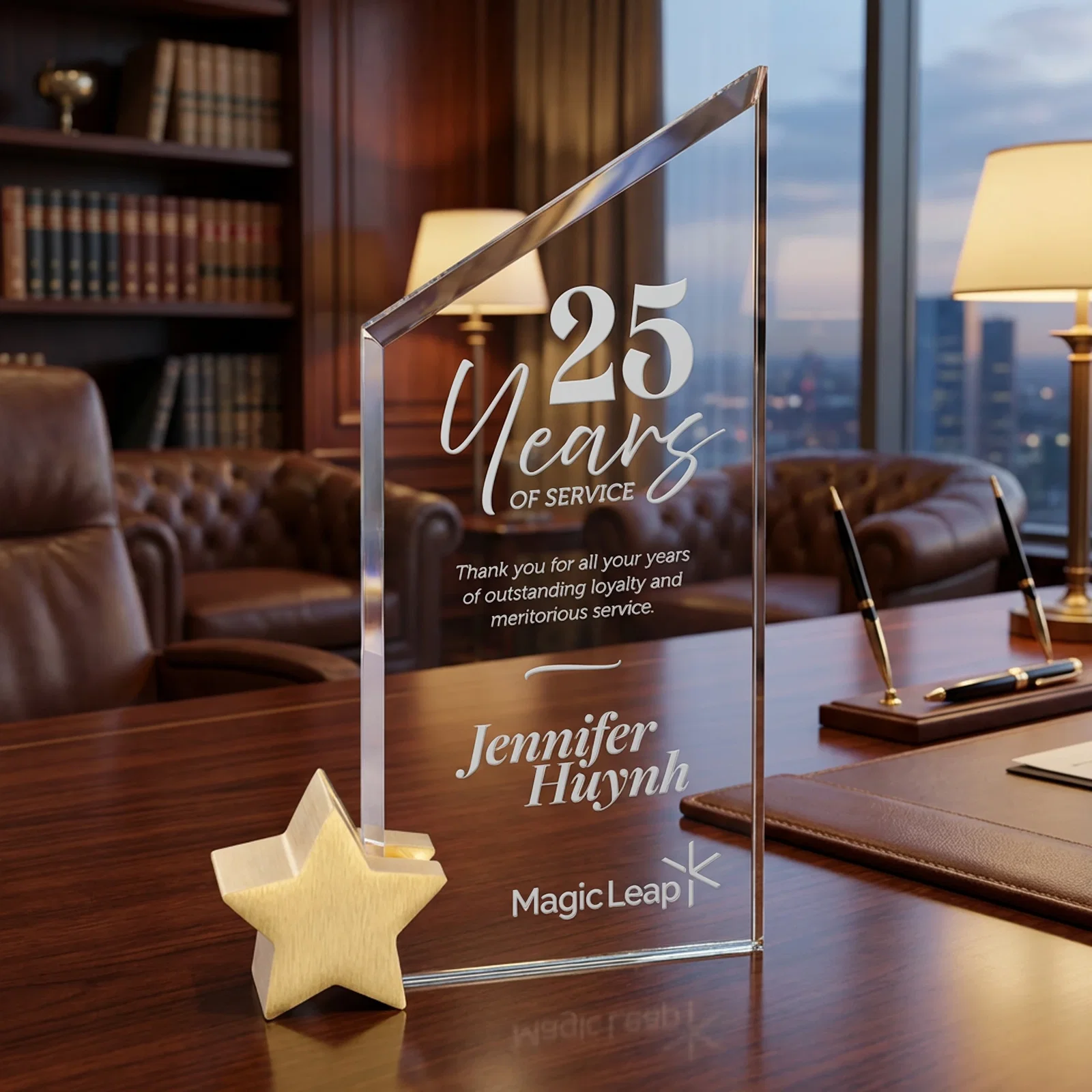 Custom Starfire Crystal Award with Slanted Top on Aluminum Star Holder for donor appreciation