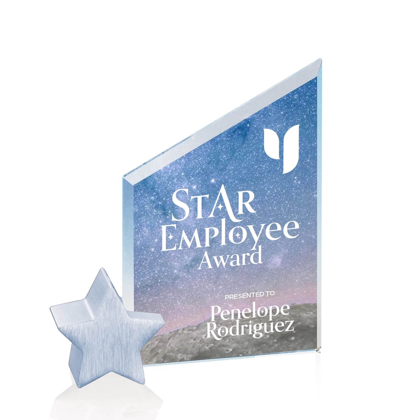 Custom Starfire Crystal Award with Slanted Top on Aluminum Star Holder for safety achievement programs