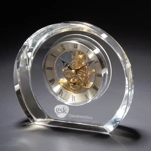 Copenhagen Skeleton Movement Glass Desk Clock, 6.5" x 5.5", Etched Imprint