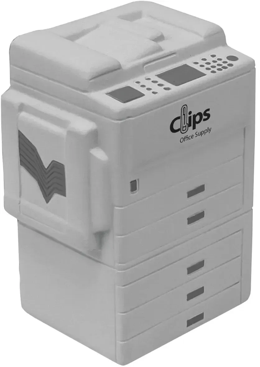 Copy machine stress reliever with custom logo, branded copier-shaped promotional squeeze toy for offices