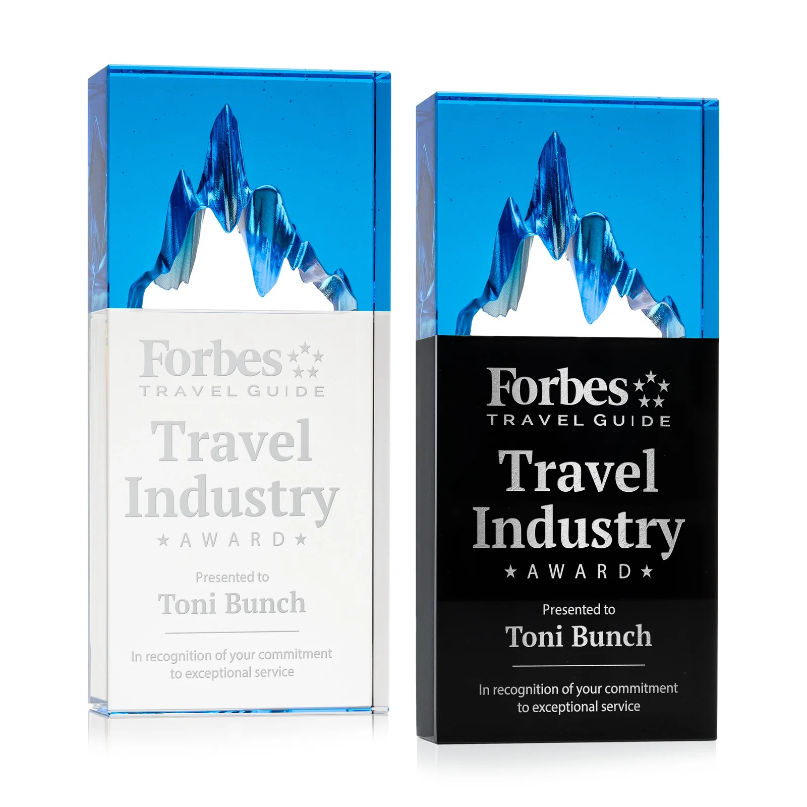 Custom Blue-Top Optical Crystal Award with Mountain Peak Cutout, awards for employee recognition