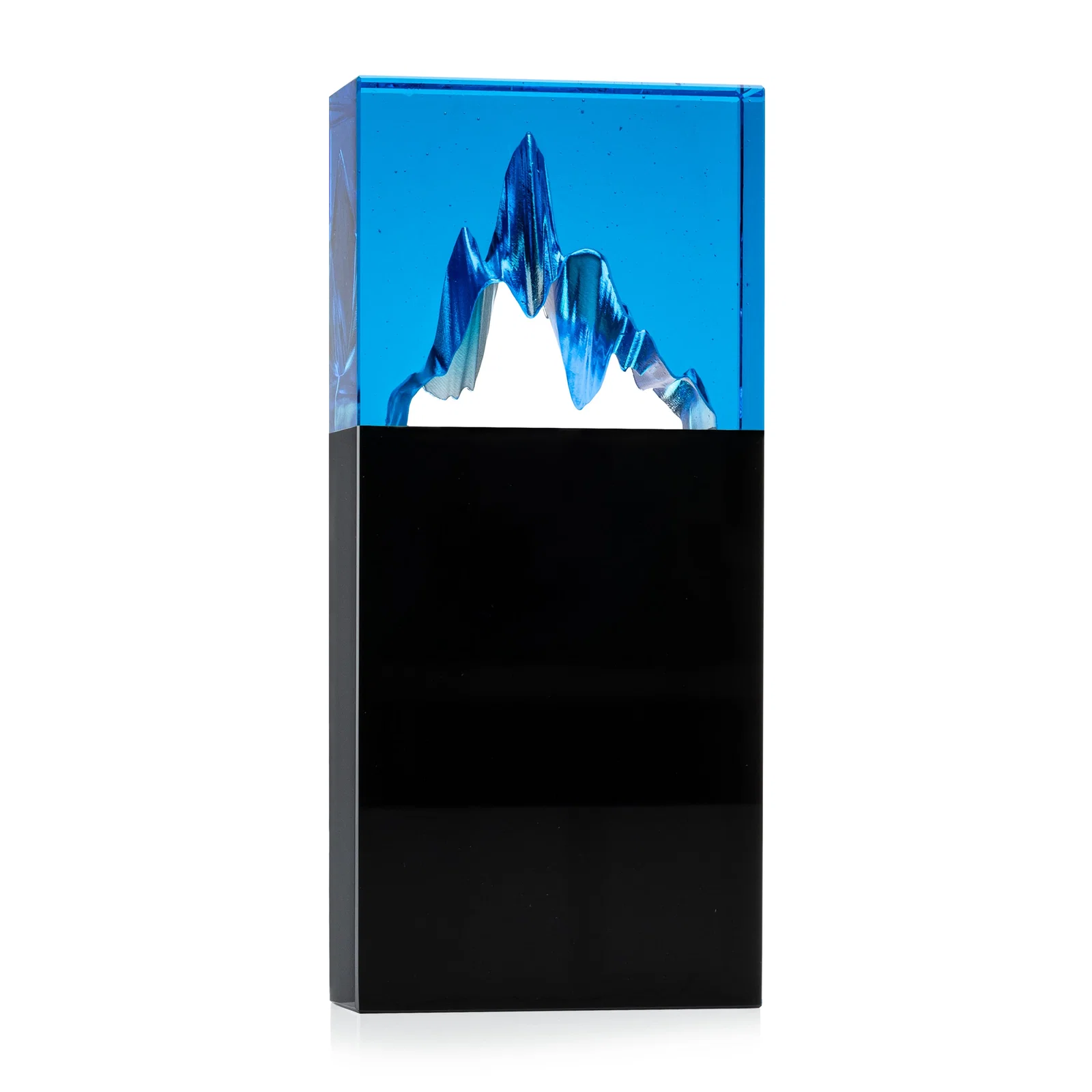 Custom Blue-Top Optical Crystal Award with Mountain Peak Cutout, awards for volunteer appreciation