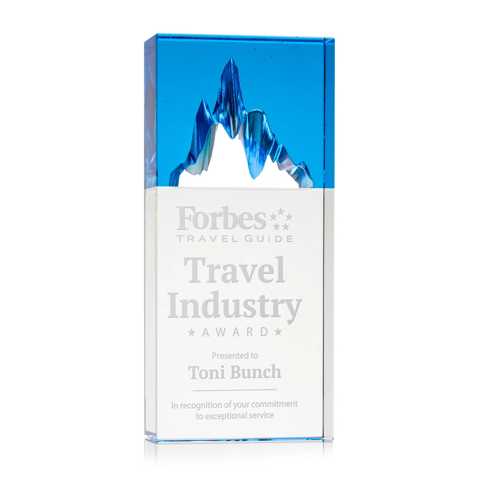 Custom Blue-Top Optical Crystal Award with Mountain Peak Cutout, awards for corporate award ceremonies