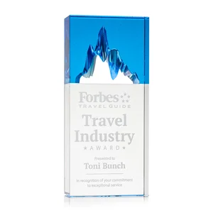 Blue-Top Optical Crystal Award with Mountain Peak Cutout