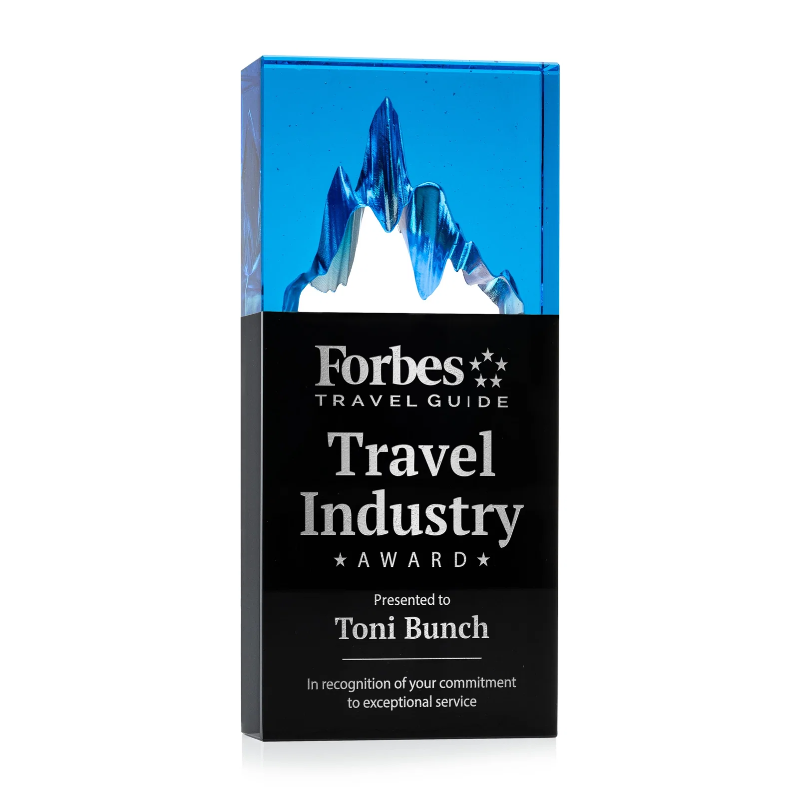 Custom Blue-Top Optical Crystal Award with Mountain Peak Cutout, awards for service anniversary gifts