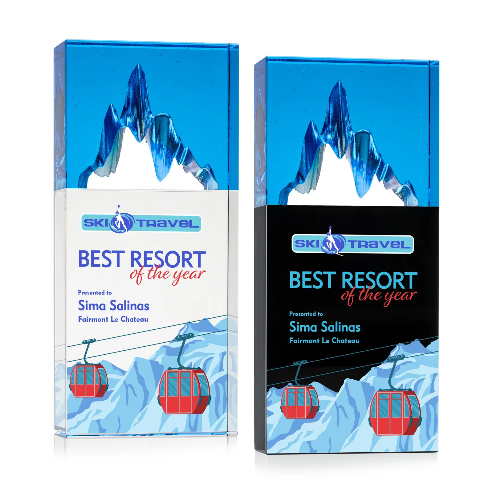 Custom Blue-Top Optical Crystal Award with Mountain Peak Cutout, awards for sales achievement awards