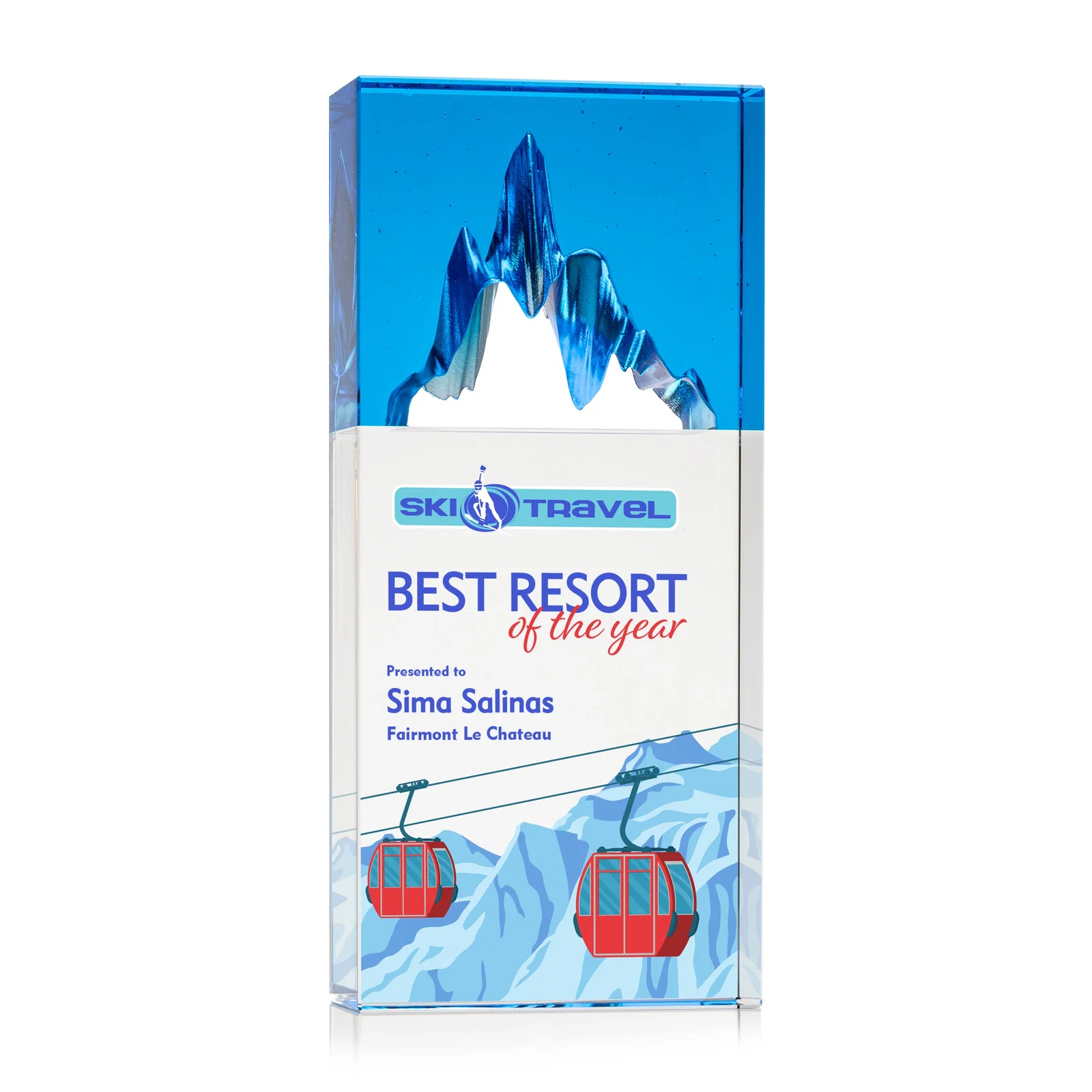 Custom Blue-Top Optical Crystal Award with Mountain Peak Cutout, awards for retirement presentations