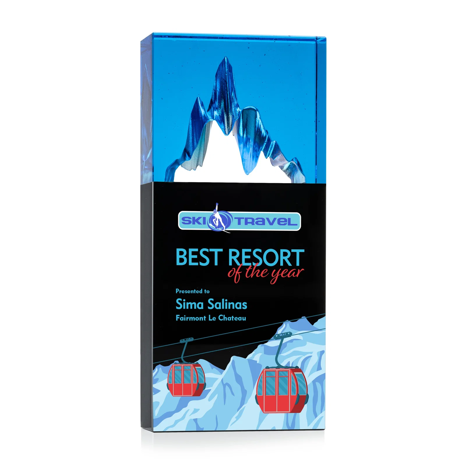 Custom Blue-Top Optical Crystal Award with Mountain Peak Cutout, awards for team milestone celebrations