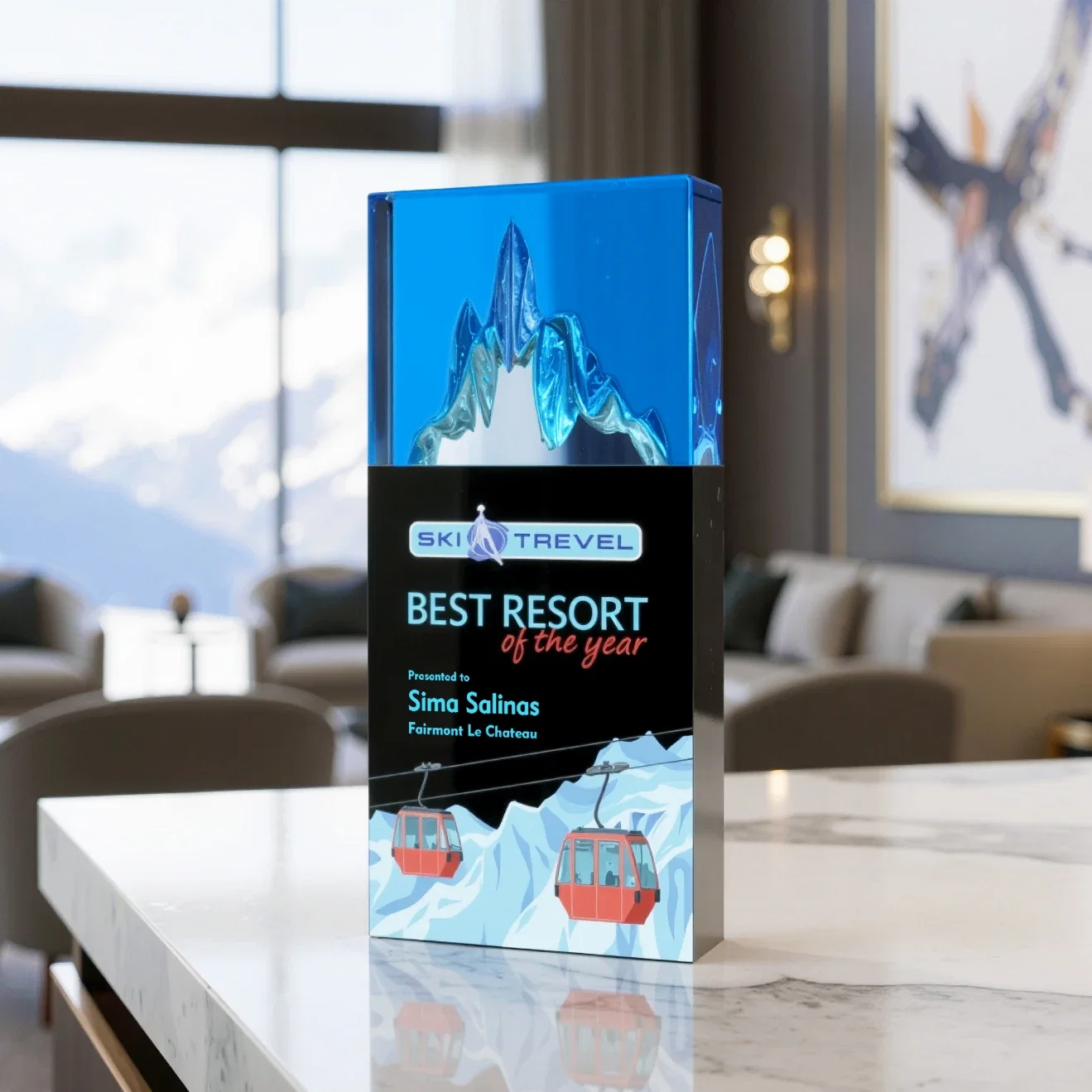Custom Blue-Top Optical Crystal Award with Mountain Peak Cutout, awards for graduation ceremonies