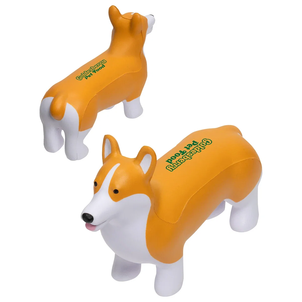 Hand squeezing the Corgi Stress Reliever, promotional stress ball in use