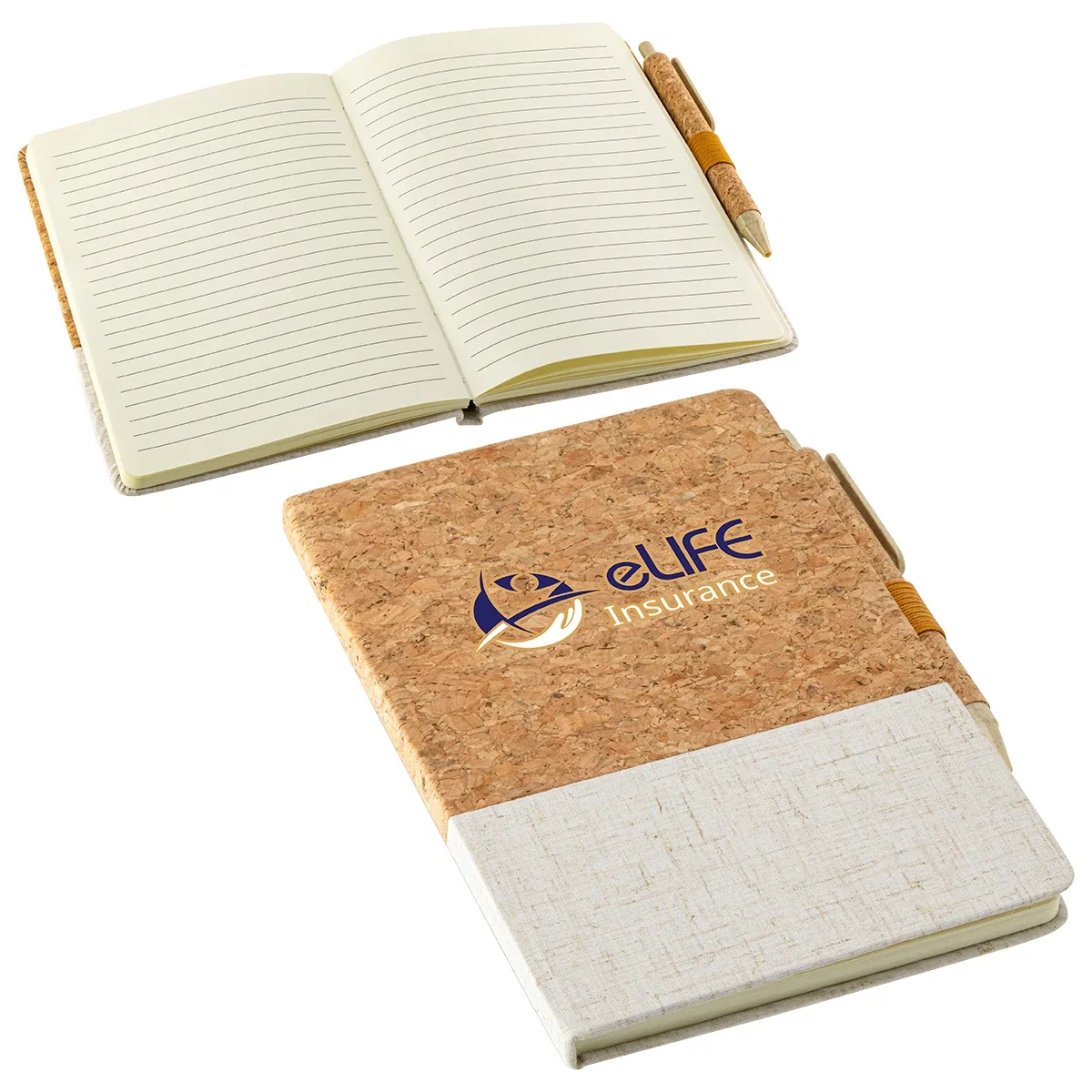 Custom Cork & Linen Journal with Eco Pen, front view of the branded journal and pen set