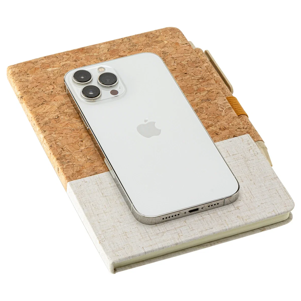 Closed Cork & Linen Journal shown next to a smartphone for size reference