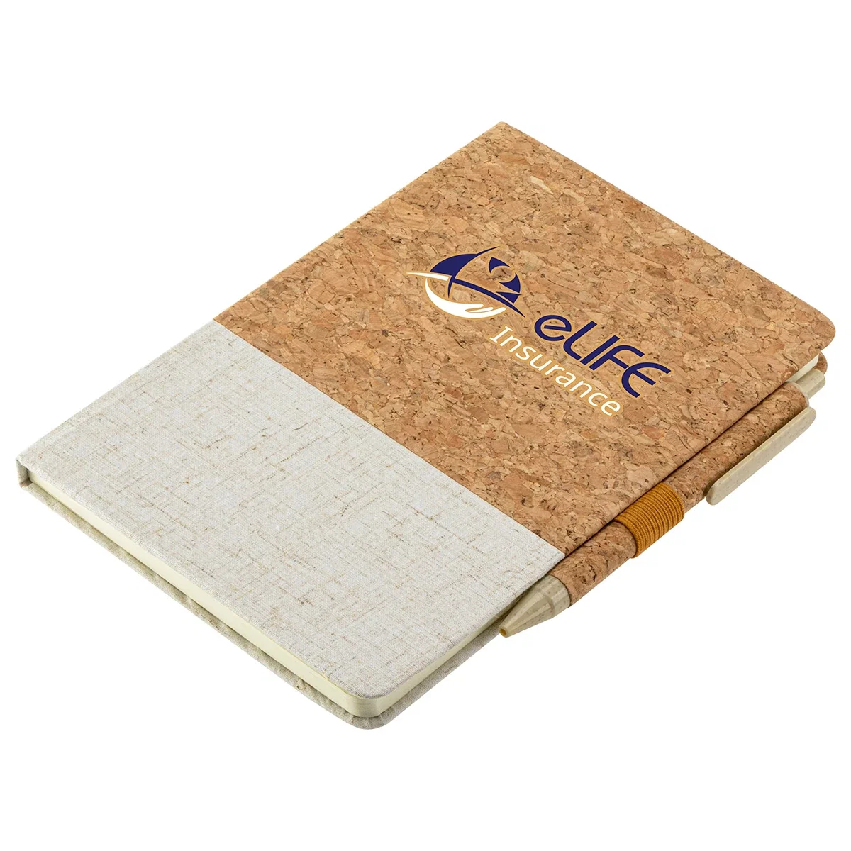 Close-up of the custom Cork & Linen Journal's cover logo imprint area