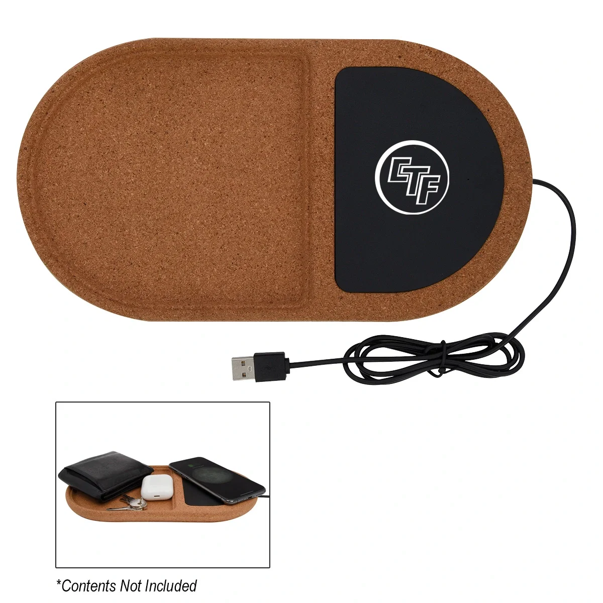 Cork desktop organizer with a built-in wireless charging pad