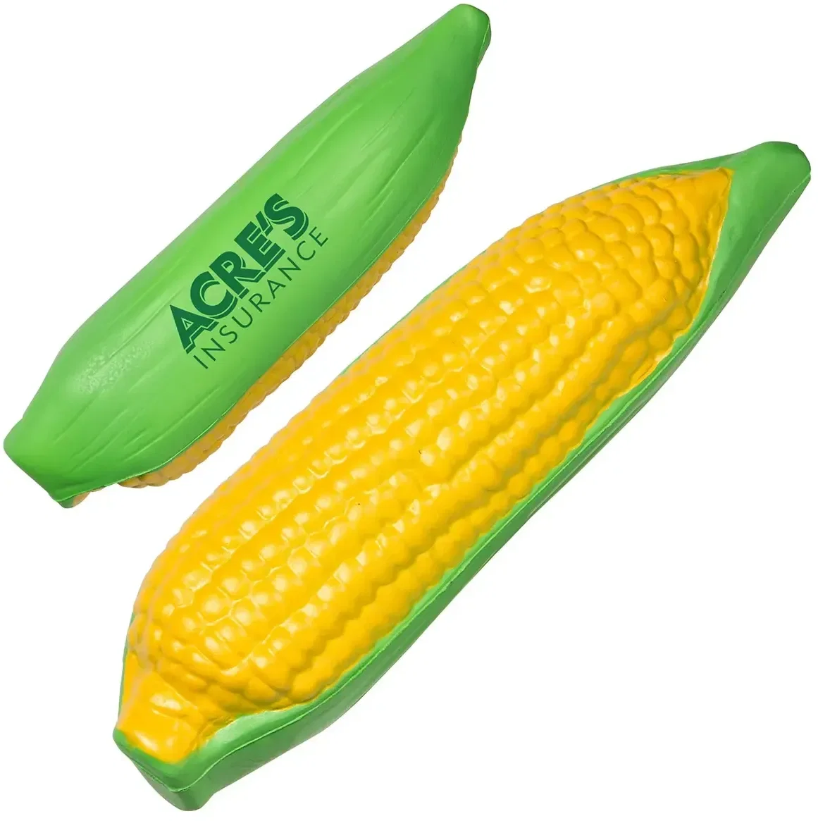 Corn-shaped custom stress reliever squeeze toy with logo imprint area, front view