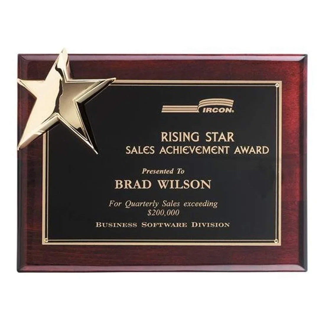 Custom Cast Metal Star Plaque on Rosewood Piano Finish for employee recognition